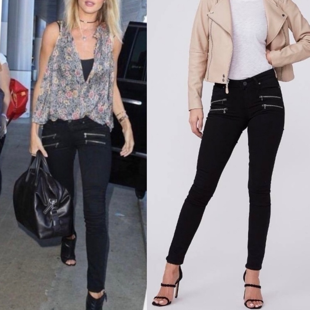 PAIGE Edgemont Mid Rise Ultra Skinny Black Size 28 Double Zipper Accent
